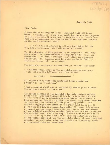 [Carta] 1972 jun. 15, [Estados Unidos] [a] Doris Dana, con copia a Margaret Bates, Bridgehampton, Long Island, [Estados Unidos]  [manuscrito] Joan Daves.