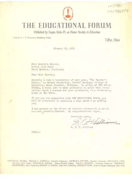 [Carta] 1955 jan. 20, [Tiffin, Ohio, Estados Unidos] [a] Gabriela Mistral, Santa Barbara, California, [Estados Unidos]  [manuscrito] E. I. F. Williams.