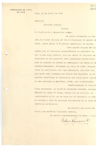 [Carta] 1936 abr. 16, Vigo, [España] [a] Señorita Gabriela Mistral, Lisboa  [manuscrito] Pedro Herreros V.