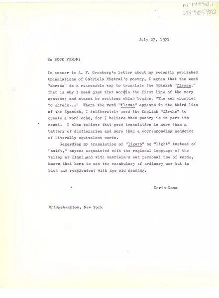 [Carta] 1948 jul. 27, Bridgehampton, New York, [Estados Unidos] [a] Book Forum  [manuscrito] Doris Dana.
