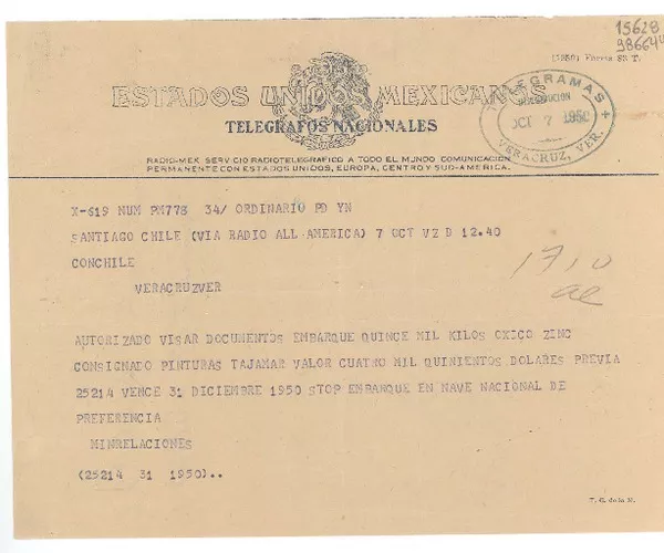 [Telegrama] 1950 oct. 7, Santiago, Chile [a] Consulado de Chile, Veracruz  [manuscrito] Ministerio de Relaciones Exteriores.