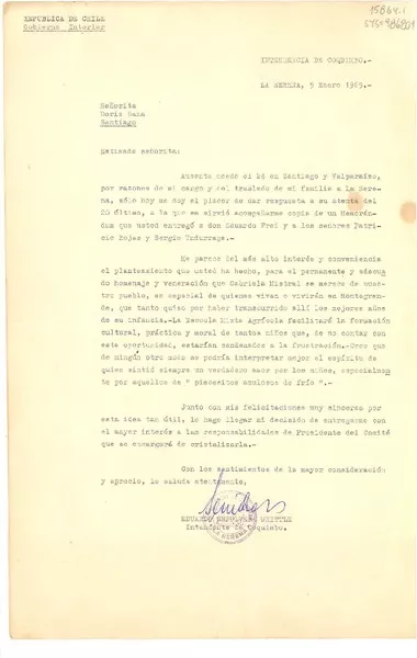[Carta] 1965 ene. 5, La Serena, Chile [a] Doris Dana, Santiago, Chile  [manuscrito] Doris Dana.