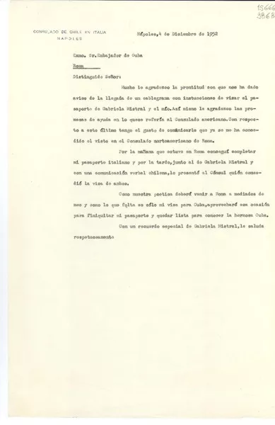 [Carta] 1952 dic. 4, Nápoles, [Italia] [a] Exmo. Sr. Embajador de Cuba, Roma  [manuscrito]
