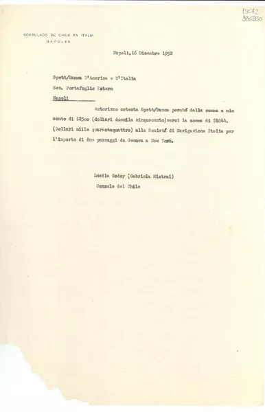 [Carta] 1952 dic. 16, Napoli, [Italia] [a] Spett Banca D'America e D'Italia, Sez. Portafoglio Estero, Napoli  [manuscrito] Lucila Godoy.