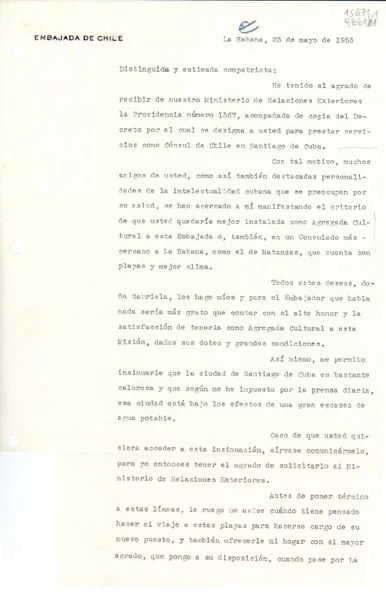 [Carta] 1953 mayo 23, La Habana, [Cuba] [a la] Distinguida y estimada compatriota  [manuscrito] Humberto del Pino Pereira.