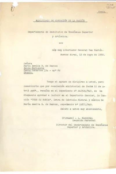 [Carta] 1950 mayo 13, Buenos Aires, [Argentina] [a la] Señora María Amelia B. de Bastos, Bello Horizonte, Santa Catarina 334 ap° 62, Brasil  [manuscrito] Leopoldo Marechal, Director del Departamento de Enseñanza Superior y Artística.