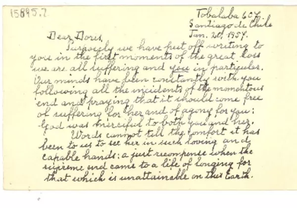 [Tarjeta] 1957 jan. 20, Santiago, Chile [a] Doris [Dana].  [manuscrito] Alice and Virginia Trewhela.
