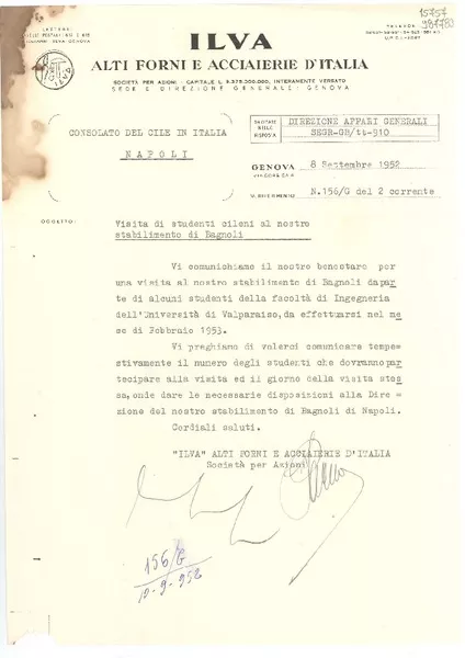 [Carta] 1952 sett. 8, Genova, [Italia] [a] Consolato del Cile in Italia, Napoli  [manuscrito]
