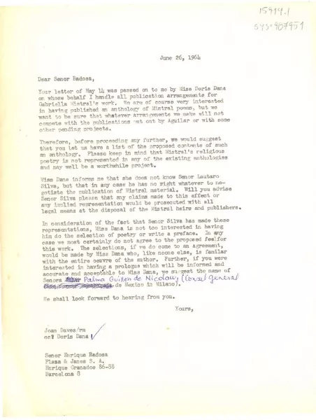 [Carta] 1964 jun. 26, [Estados Unidos] [a] Enrique Badosa, Plaza & Janes, S.A., Barcelona, [España]  [manuscrito] Joan Daves, cc. a Doris Dana.
