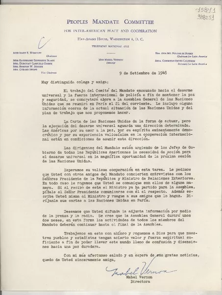 [Carta] 1948 sept. 9, Washington D. C., [Estados Unidos] [a] Muy distinguida colega y amiga  [manuscrito] Mabel Vernon.