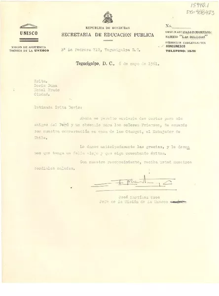 [Carta] 1961 mayo 6, Tegucigalpa, DC, Honduras [a] Doris Dana, Hotel Prado, [Tegucigalpa, Honduras]  [manuscrito] José Martínez Cros.