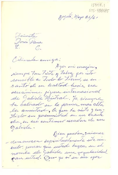 [Carta] 1961 mayo 26, Bogotá, Colombia [a] Doris Dana  [manuscrito] Beatriz González.