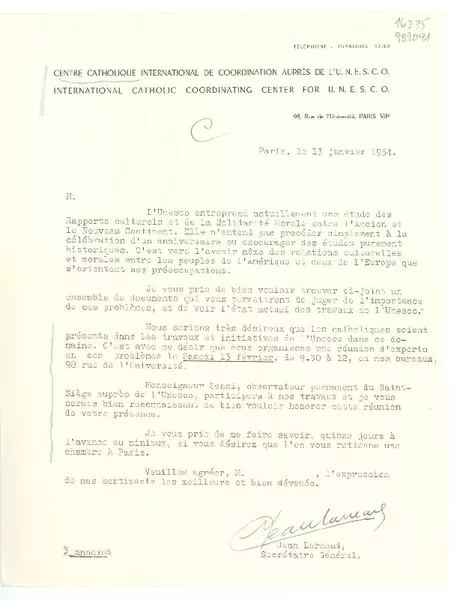 [Carta] 1954 janv. 13, Paris, [France] [a] [Gabriela Mistral]  [manuscrito] Jean Larnaud, Secrétaire Général.
