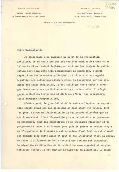 [Carta] 1935 juil. 2, Paris, 2 Rue de Montpensier, [France] [a la] Mademoiselle Gabriela Mistral, Consul du Chili à Madrid, [Espagne]  [manuscrito] H. Bonnet.