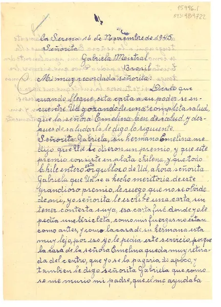 [Carta] 1945 nov. 16, La Serena, [Chile] [a] Gabriela Mistral, Brasil  [manuscrito] Luis M. Contreras.
