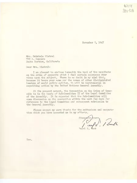 [Carta] 1947 Nov. 5, [Estados Unidos] [a] Mrs. Gabriela Mistral, 729 E. Anapamu, Santa Barbara, California  [manuscrito] Pearl S. Buck.