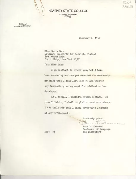 [Carta] 1969 Feb. 2, Kearney, Nebraska, [Estados Unidos] [a] Miss Doris Dana, Hack Green Road, Pound Ridge, New York  [manuscrito] Edna L. Furness.