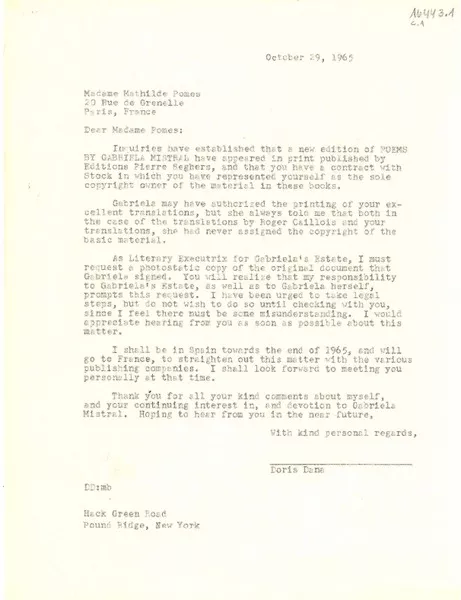 [Carta] 1965 Oct. 29, Hack Green Road, Pound Ridge, New York, [EE.UU.] [a] Madame Mathilde Pomes, 20 Rue de Grenelle, Paris, France  [manuscrito] Doris Dana.