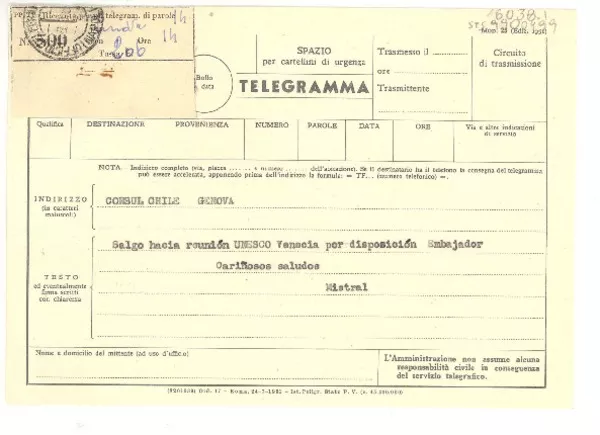 [Telegrama] 1952 set. 8 Consulado de Chile, Napoli, Italia] [a] Consulado Chile, Genova, [Italia]  [manuscrito] Gabriela Mistral.