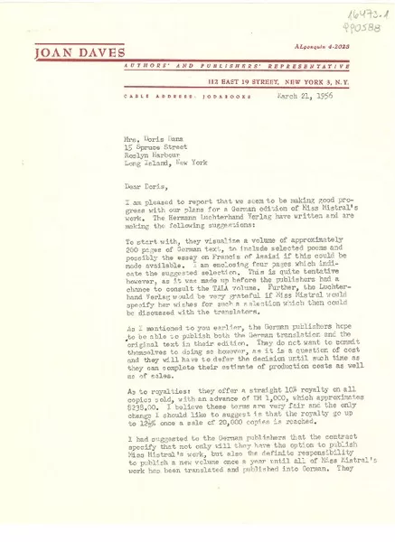 [Carta] 1956 Mar. 21, 112 East 19 Street, New York 3, N. Y., [EE.UU.] [a] Mrs. Doris Dana, 15 Spruce Street, Roslyn Harbour, Long Island, New York, [EE.UU.]  [manuscrito] Joan [Daves].