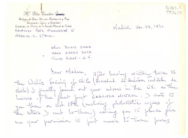 [Carta] 1970 Nov. 23, Raimundo Fdez. Villaverde, 15, Madrid 3, Spain [a] Miss Doris Dana, Hack Green Road, Pound Ridge, N. Y., [EE.UU.]  [manuscrito] Ma. Pilar Escudero.