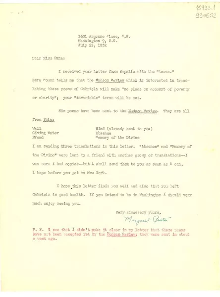 [Carta] 1952 July 23, Washington D. C., [Estados Unidos] [a] Dear Miss Dana  [manuscrito] Margaret Bates.