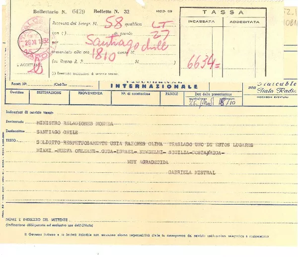 [Telegrama] 1952 nov. 26, [Napoli, Italia] [a] Ministro [de] Relaciones, [La] Moneda, Santiago, Chile  [manuscrito] Gabriela Mistral.