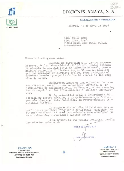 [Carta] 1966 mayo 11, Madrid, [España] [a] Miss Doris Dana, Hach Green Road, Pound Rige, New York  [manuscrito] Ediciones Anaya S. A.