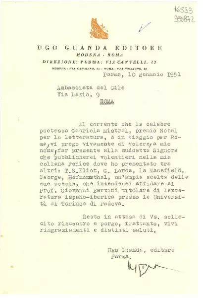 [Carta] 1951 genn. 10, Parma, [Italia] [a] Ambasciata del Cile, Via Lazio 9, Roma  [manuscrito] Ugo Guanda.