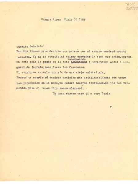 [Carta] 1955 jun. 10, Buenos Aires, [Argentina] [a] Querida Gabriela  [manuscrito] Victoria Ocampo.