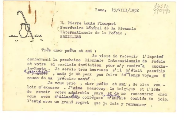 [Tarjeta] 1952 ago. 15, Roma, [Italie] [a] M. Pierre Louis Flouquet, Secrétaire Général de la Biennale Internationale de la Poésie, Bruxelles, [Belgium]  [manuscrito] Gabriela Mistral.