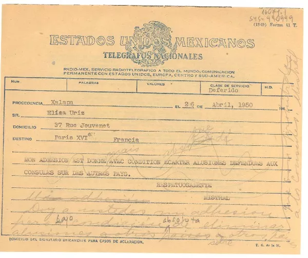 [Telegrama] 1950 abr. 26, Jalapa, [Ver., México] [a] Elisa Uris, París, Francia  [manuscrito] [Gabriela] Mistral.