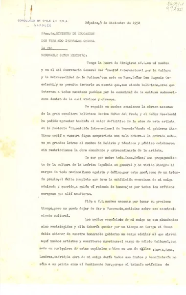 [Carta] 1952 dic. 4, Consulado de Chile, Via Tasso 220, Nápoles, Italia [al] Excmo. Sr. Ministro de Educación Don Fernando Iturralde Chinel, La Paz, [Bolivia]  [manuscrito] Gabriela Mistral.