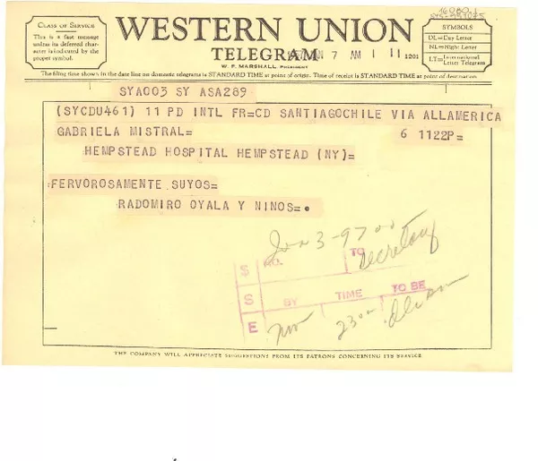 [Telegrama] 1957 jan. 7, Santiago, Chile [a] Gabriela Mistral, Hempstead General Hospital, New York, [Estados Unidos]  [manuscrito] Radomiro, Olaya y niños.