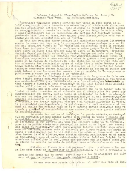 [Carta] 1942 noviembre 27, Petrópolis, [Brasil] [a los] Señores D. Agustin Edwards, Don G. Perez de Arce y Clemente Diaz León, El Mercurio, Santiago, [Chile]  [manuscrito] [Gabriela Mistral].
