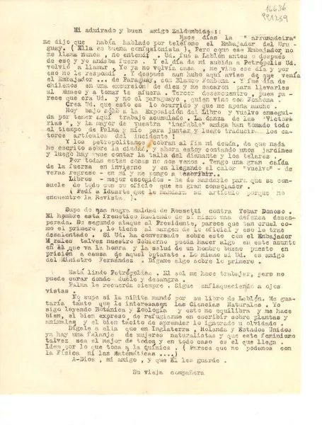[Carta] [a] Mi admirado y buen amigo Zaldumbide  [manuscrito] [Gabriela Mistral].