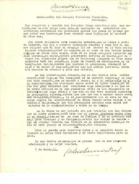 [Carta] 1944 mar. 7, [Brasil?] [al] Excmo. señor Don Joaquin Fernandez Fernandez, Santiago, [Chile]  [manuscrito] Gabriela Mistral.