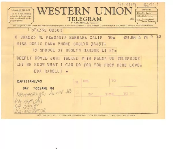 [Telegrama] 1957 jan. 10, Santa Barbara, California, [Estados Unidos] [a] Doris Dana, New York, [Estados Unidos]  [manuscrito] Eda Ramelli.