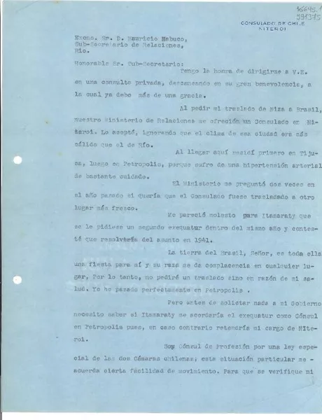 [Carta] 1941 ene. 7, Petrópolis, [Brasil] [a] Excmo. Sr. Mauricio Nabuco, Sub-Secretario de Relaciones, Rio  [manuscrito] Gabriela Mistral.