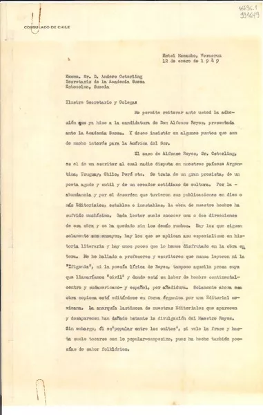 [Carta] 1949 ene. 12, Veracruz, [México] [a] Excmo. Sr. D. Anders Osterling, Secretario de la Academia Sueca, Estocolmo, Suecia  [manuscrito] Gabriela Mistral.