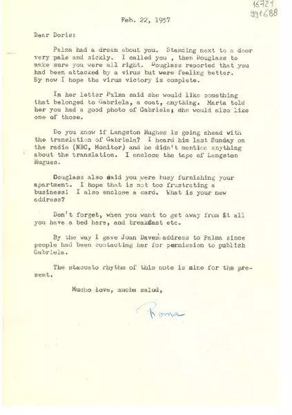 [Carta] 1957 Feb. 22, [Estados Unidos] [a] Dear Doris  [manuscrito] Margaret Bates.