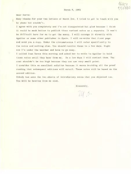 [Carta] 1965 Mar. 8, [EE.UU.] [a] Dear Doris [Dana]  [manuscrito] [Margaret Bates].