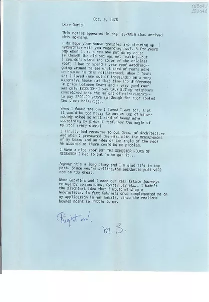 [Carta] 1978 Oct. 4, Washington D. C., [Estados Unidos] [a] Doris Dana, Hildreth Lane, Bridgehampton New York  [manuscrito] Margaret Bates.