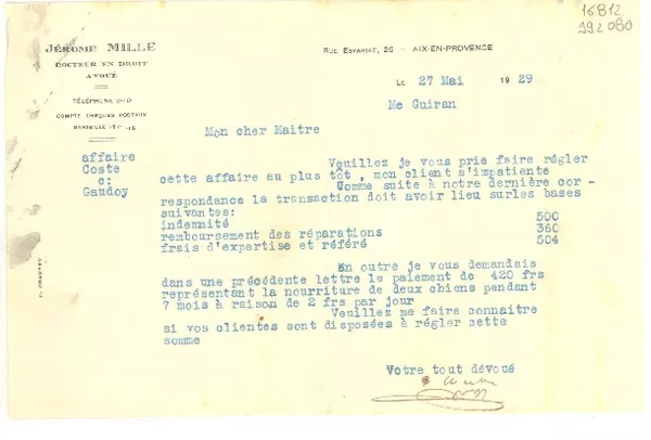 [Carta] 1929 mai 27, Aix en Provence, [Francia] [a] Mon Cher Maitre  [manuscrito] Jérome Mille.