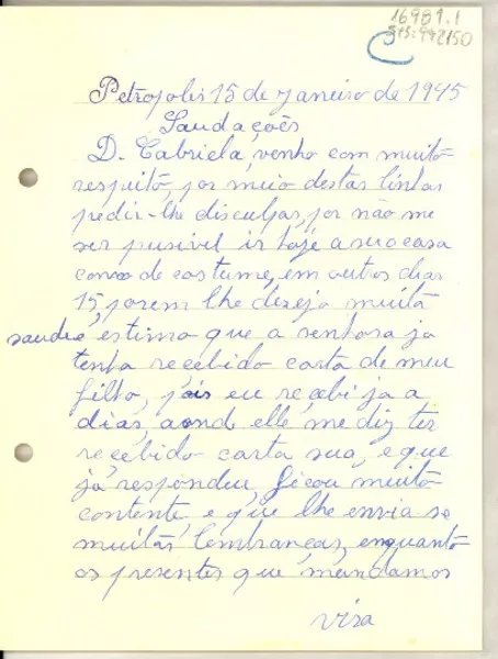 [Carta] 1945, jan. 15 Petrópolis, Brasil [a] Gabriela [Mistral]  [manuscrito] Eugenia G. Rumayor.
