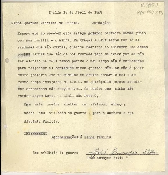 [Carta] 1945, abr. 18 Italia [a] Minha Querida Madrinha de Guerra [Gabriela Mistral]  [manuscrito] José Rumayor Netto.