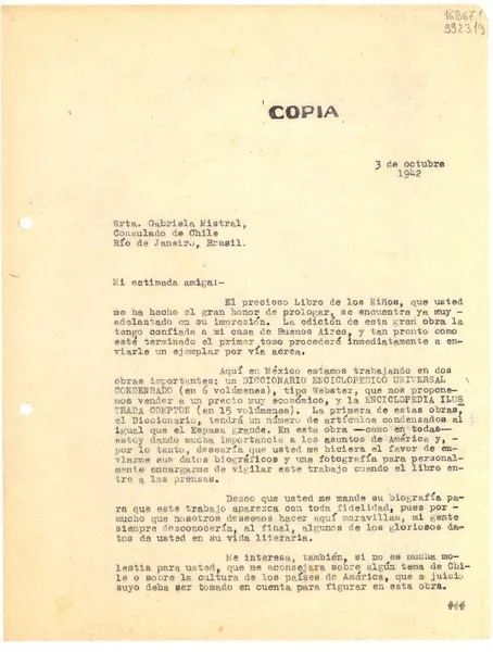 [Carta] 1950 déc. 29, Paris, [Francia] [a] Madame Gabriela Mistral, Consulado de Chile, Veracruz, Mexique  [manuscrito] Ambassadeur de France, De L'Académie Francaise, President de L'Association des Amis de Romain Rolland.