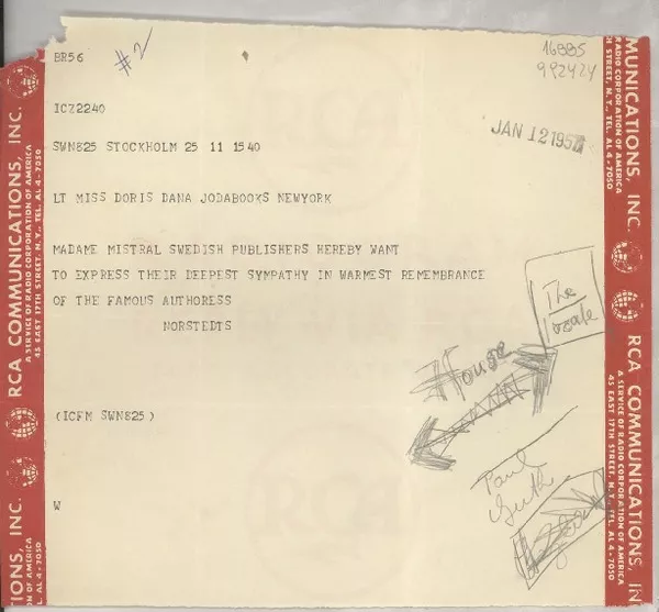 [Telegrama] 1957 Jan. 12, Stockholm, [Sweden] [a] Miss Doris Dana, Jodabooks, New York, [EE.UU.]  [manuscrito] Norstedts.