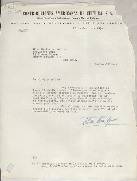 [Carta] 1954 jun. 1, [Montevideo, Uruguay] [a] Srta. Martha A. Salotti, 15 Spruce Street, Roslyn Habor, L. I., New York  [manuscrito] Elida Core Agnese.