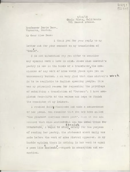 [Carta] 1950 Sept. 24, Chula Vista, California, [Estados Unidos] [a] Professor Doris Dana, Veracruz, México  [manuscrito] Frank Hardy Lane.